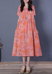 Chic o neck short sleeve cotton summer Wardrobes linen pink print Maxi Dresses - SooLinen