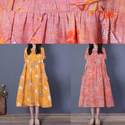 Chic o neck short sleeve cotton summer Wardrobes linen pink print Maxi Dresses - SooLinen