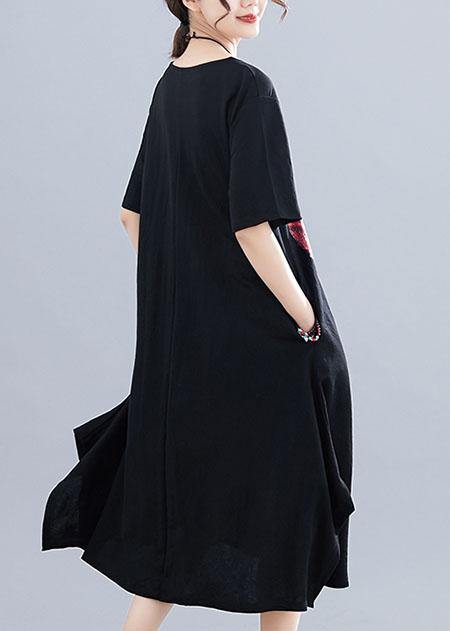 Chic o neck side open Cotton Tunics Work black print Dress summer - SooLinen