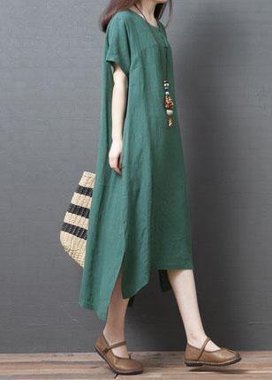 Chic o neck side open cotton dresses Sewing green Kaftan Dress summer - SooLinen