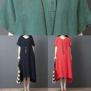 Chic o neck side open cotton dresses Sewing green Kaftan Dress summer - SooLinen
