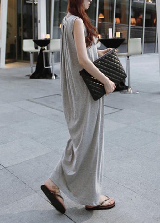 Chic o neck sleeveless cotton quilting dresses Runway gray cotton robes Dresses - SooLinen