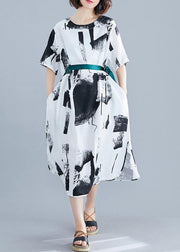Chic o neck tie waist cotton dresses white print Plus Size Dress summer - SooLinen
