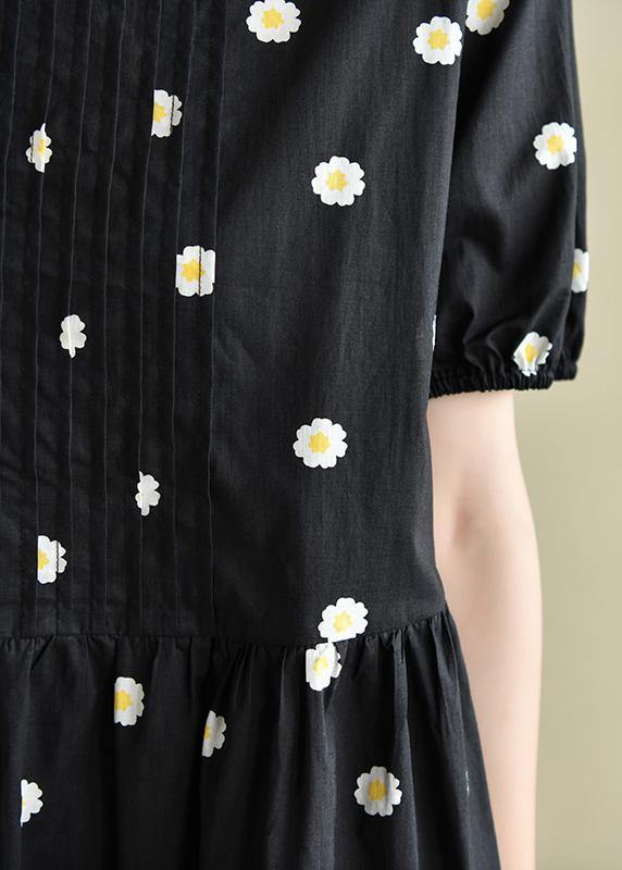 Chic o neck Cinched clothes black daisy print Dresses - SooLinen
