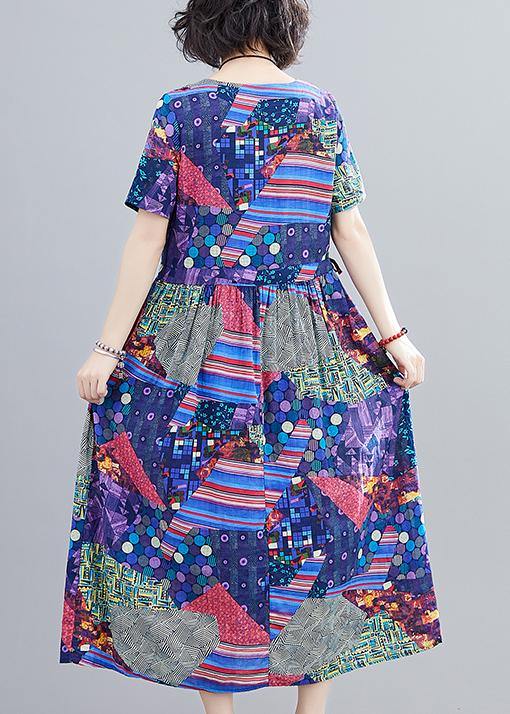 Chic o neck Cinched clothes pattern blue print Plus Size Dress - SooLinen
