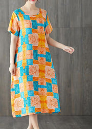 Chic orange red prints linen cotton dresses o neck Dresses summer Dresses - SooLinen