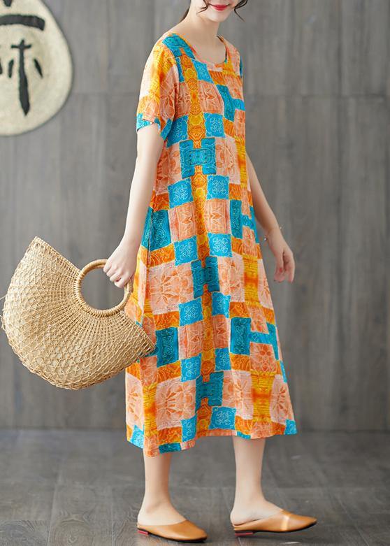 Chic orange red prints linen cotton dresses o neck Dresses summer Dresses - SooLinen