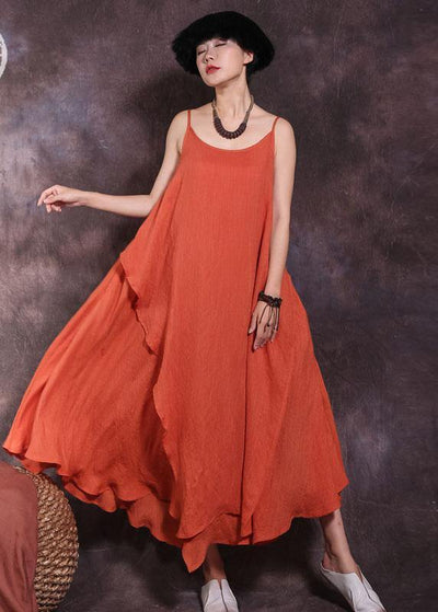 Chic orange sleeveless linen outfit big hem Dresses summer Dresses - SooLinen