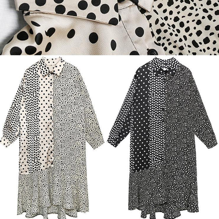 Chic patchwork Cotton tunic dress Sleeve white dotted Dress summer - SooLinen