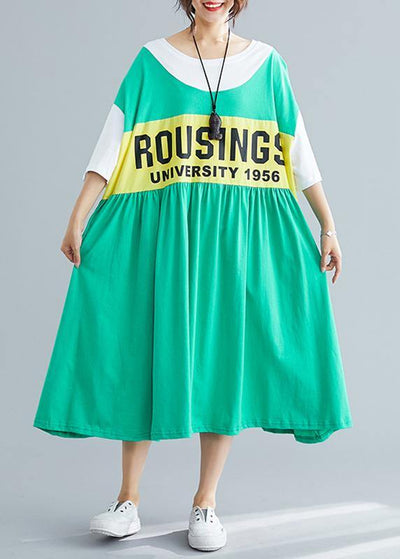 Chic patchwork cotton dress Inspiration green Plus Size Dress summer - SooLinen