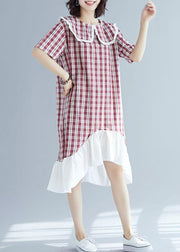 Chic patchwork linen clothes For Women Sleeve red plaid Dress summer - SooLinen
