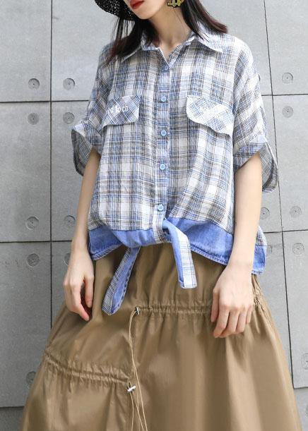 Chic patchwork plaid cotton box top lapel collar oversized summer blouse - SooLinen