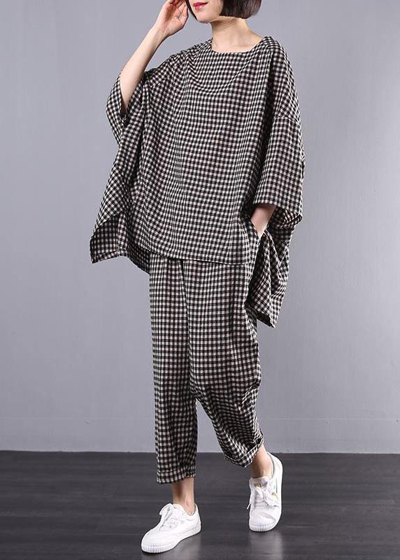 Chic pattern stylish Cotton Linen gray Plaid Vintage Blouse And Pants - SooLinen