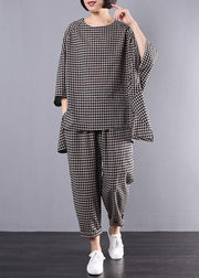 Chic pattern stylish Cotton Linen gray Plaid Vintage Blouse And Pants - SooLinen