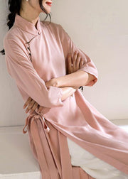 Chic pink Long Shirts stand collar tie waist Robe summer Dresses - SooLinen