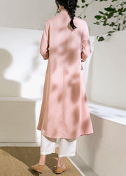 Chic pink Long Shirts stand collar tie waist Robe summer Dresses - SooLinen