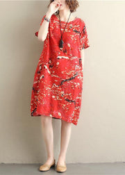 Chic prints red Cotton clothes short sleeve Dresses summer Dresses - SooLinen
