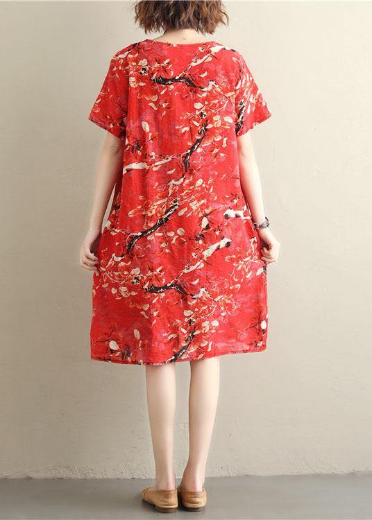 Chic prints red Cotton clothes short sleeve Dresses summer Dresses - SooLinen