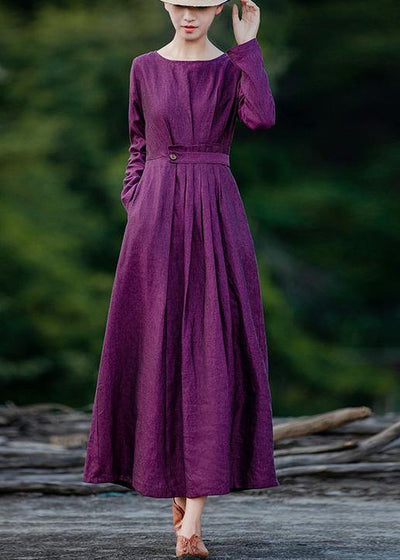Chic purple clothes For Women o neck Cinched Maxi spring Dresses - SooLinen