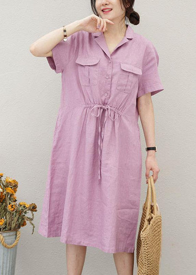 Chic purple linen clothes For Women drawstring Notched cotton summer Dress - SooLinen