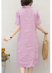 Chic purple linen clothes For Women drawstring Notched cotton summer Dress - SooLinen