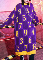 Chic purple print Sweater Wardrobes Design o neck Hole Funny sweater dress - SooLinen