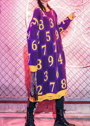 Chic purple print Sweater Wardrobes Design o neck Hole Funny sweater dress - SooLinen