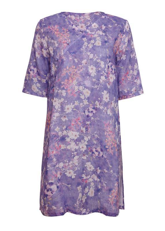 Chic purple print linen clothes v neck half sleeve Knee tops - SooLinen