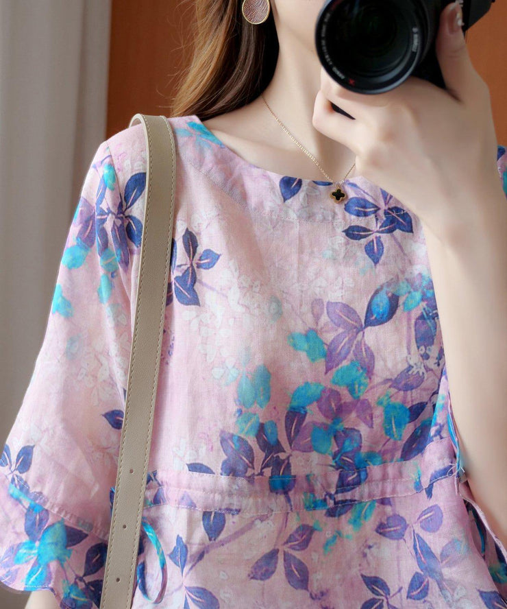 Chic purple print top o neck drawstring daily summer blouses - SooLinen