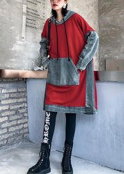 Chic red cotton clothes Women hooded Maxi patchwork Dresses - SooLinen