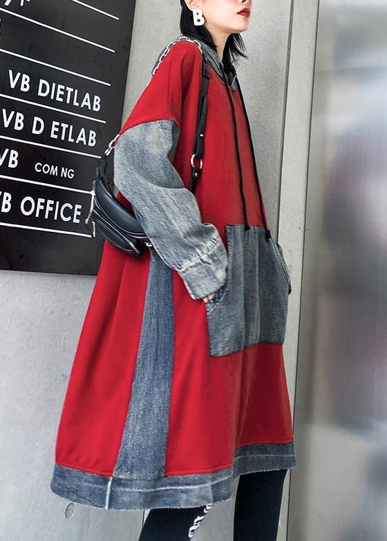 Chic red cotton clothes Women hooded Maxi patchwork Dresses - SooLinen