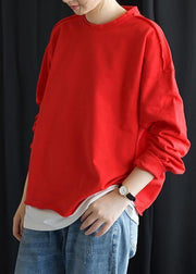 Chic red cotton shirts o neck false two pieces fall tops - SooLinen