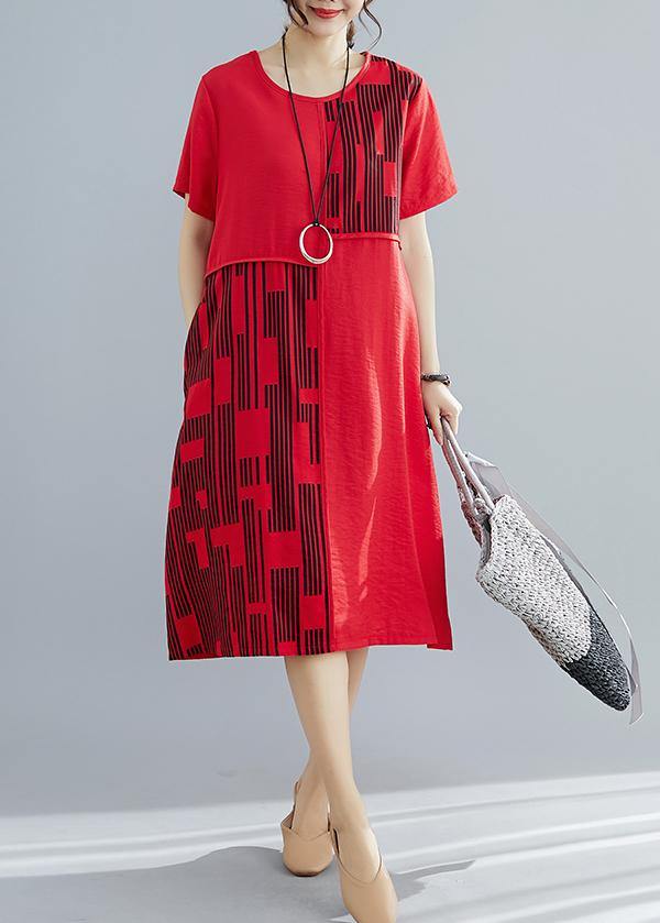 Chic red patchwork cotton quilting dresses plus size pattern o neck Maxi summer Dress - SooLinen