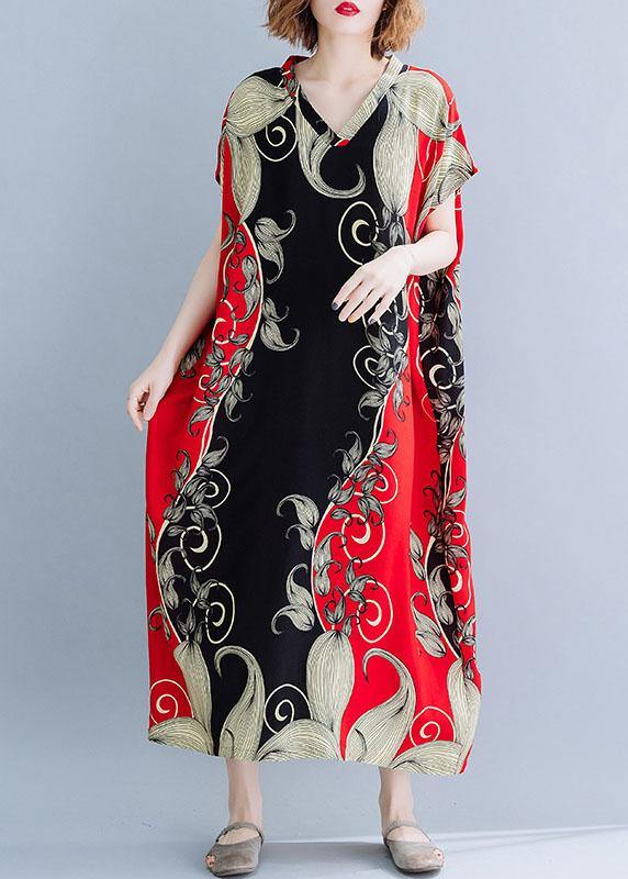 Chic red print cotton tunic dress v neck Dresses summer Dresses - SooLinen