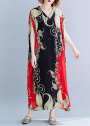 Chic red print cotton tunic dress v neck Dresses summer Dresses - SooLinen