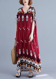 Chic red print quilting clothes v neck pockets long summer Dresses - SooLinen