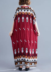 Chic red print quilting clothes v neck pockets long summer Dresses - SooLinen