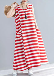Chic red striped cotton clothes Women sleeveless o neck pockets long summer Dress - SooLinen