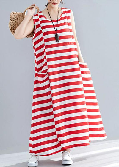 Chic red striped cotton clothes Women sleeveless o neck pockets long summer Dress - SooLinen