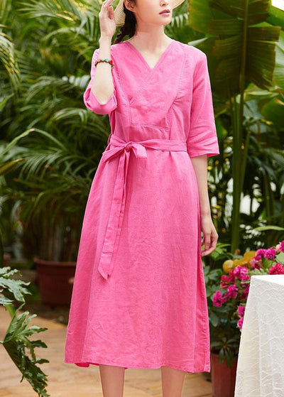 Chic rose linen outfit v neck patchwork Robe summer Dresses - SooLinen