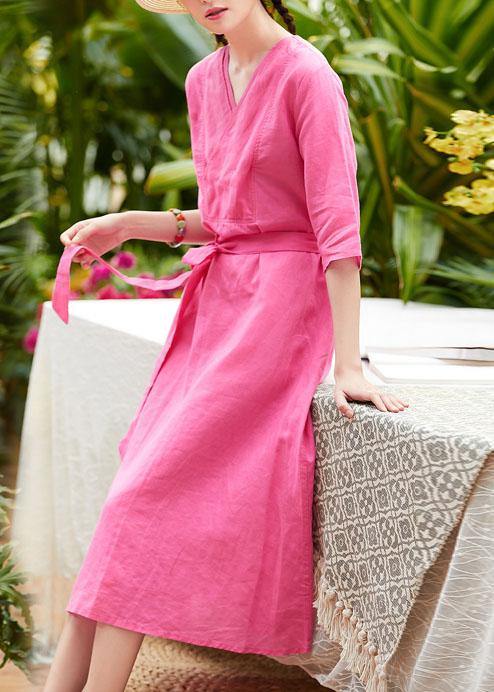 Chic rose linen outfit v neck patchwork Robe summer Dresses - SooLinen