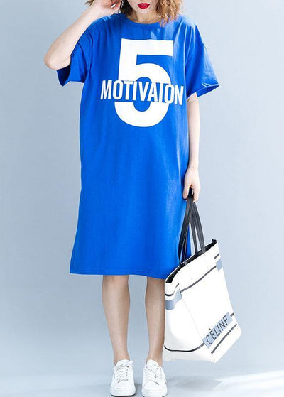 Chic short sleeve Cotton Tunic Neckline blue alphabet prints Dresses summer - SooLinen