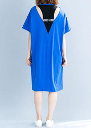Chic short sleeve Cotton Tunic Neckline blue alphabet prints Dresses summer - SooLinen