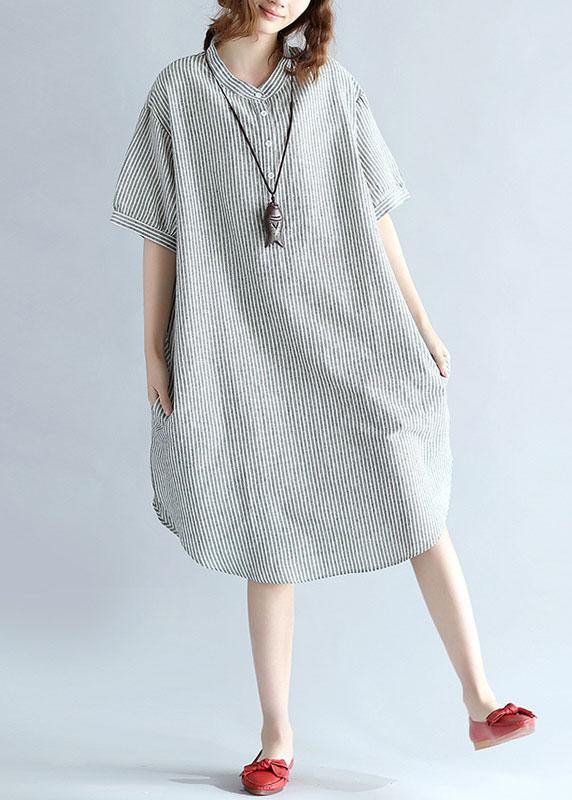 Chic side open Cotton Long Shirts Work gray striped Dresses summer - SooLinen