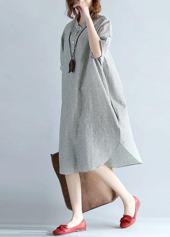 Chic side open Cotton Long Shirts Work gray striped Dresses summer - SooLinen