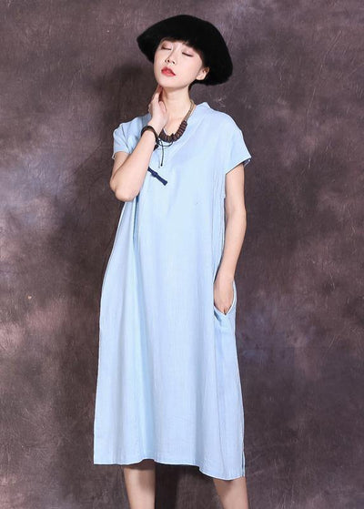 Chic side open linen clothes pattern blue v neck Dresses summer - SooLinen