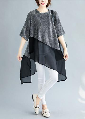 Chic silver linen tops women o neck asymmetric silhouette summer shirt - SooLinen