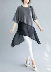 Chic silver linen tops women o neck asymmetric silhouette summer shirt - SooLinen