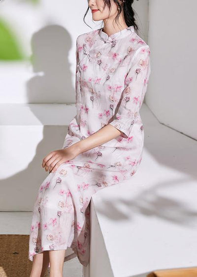 Chic stand collar Chinese Button linen clothes For Women design light pink Dresses - SooLinen
