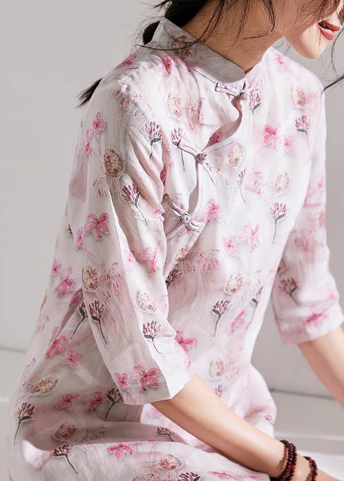 Chic stand collar Chinese Button linen clothes For Women design light pink Dresses - SooLinen